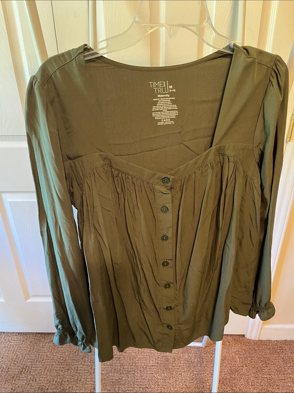 Time and Tru Olive Button-Down Peplum Maternity Top